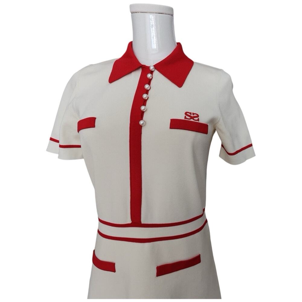 Sandro Paris Irene Polo Cream/Red Collared Dress in Size 40/8 - Picture 5 of 16